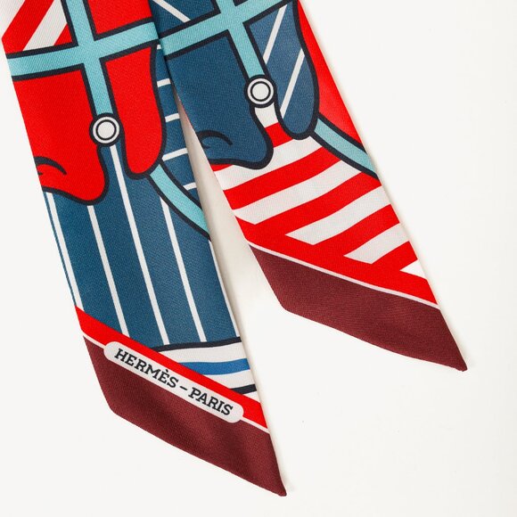Hermes Silk Quadridge Rouge Bleu Blanc Horse Stripes Silk Twilly - Picture 4 of 6
